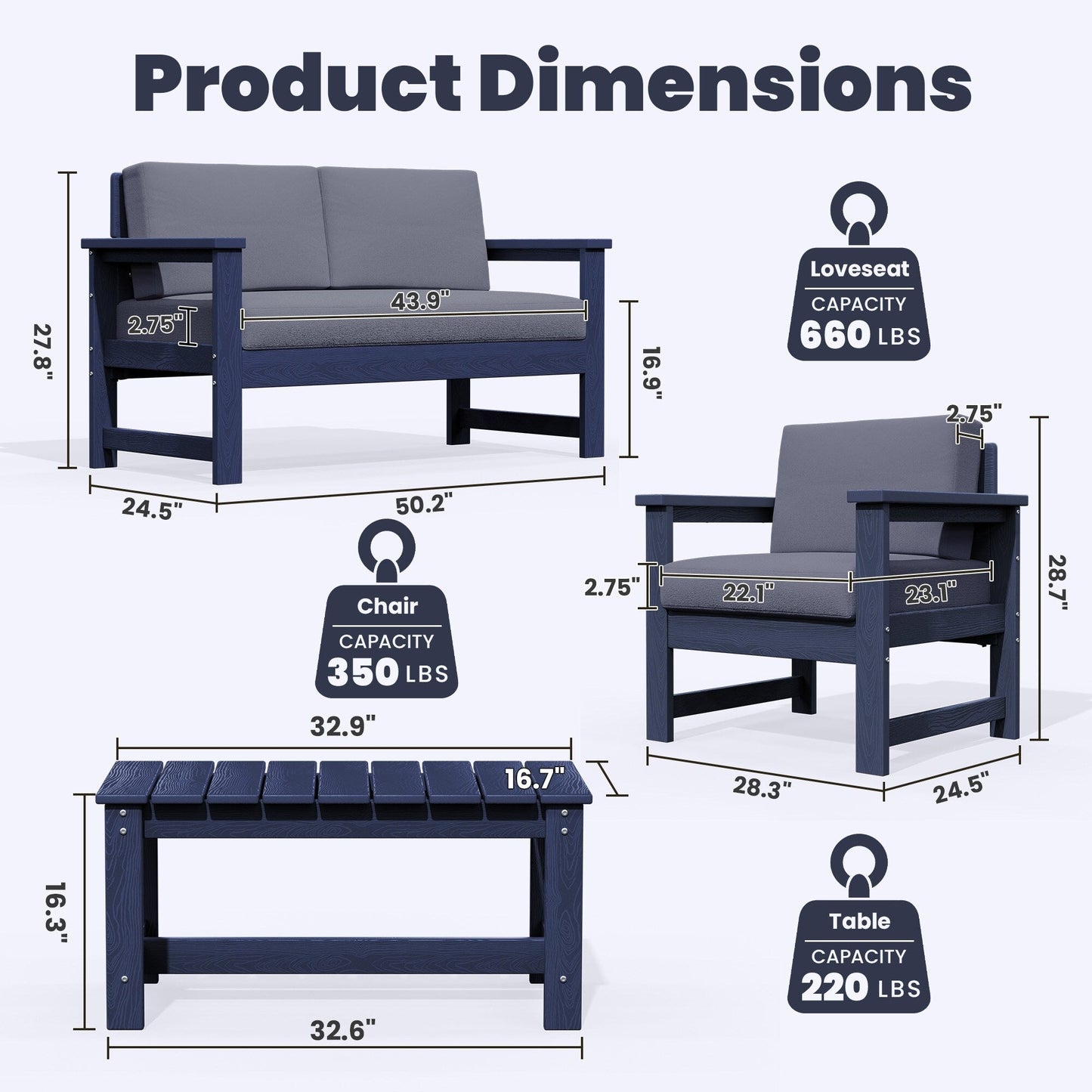 Set di divani componibili e tavolo da esterno in HDPE per patio, cuscini rimovibili inclusi, un divano a due posti, 2 divani singoli