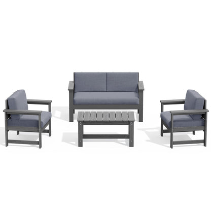 Set di divani componibili e tavolo da esterno in HDPE per patio, cuscini rimovibili inclusi, un divano a due posti, 2 divani singoli