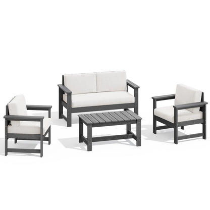 Set di divani componibili e tavolo da esterno in HDPE per patio, cuscini rimovibili inclusi, un divano a due posti, 2 divani singoli