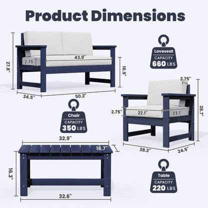 Set di divani componibili e tavolo da esterno in HDPE per patio, cuscini rimovibili inclusi, un divano a due posti, 2 divani singoli