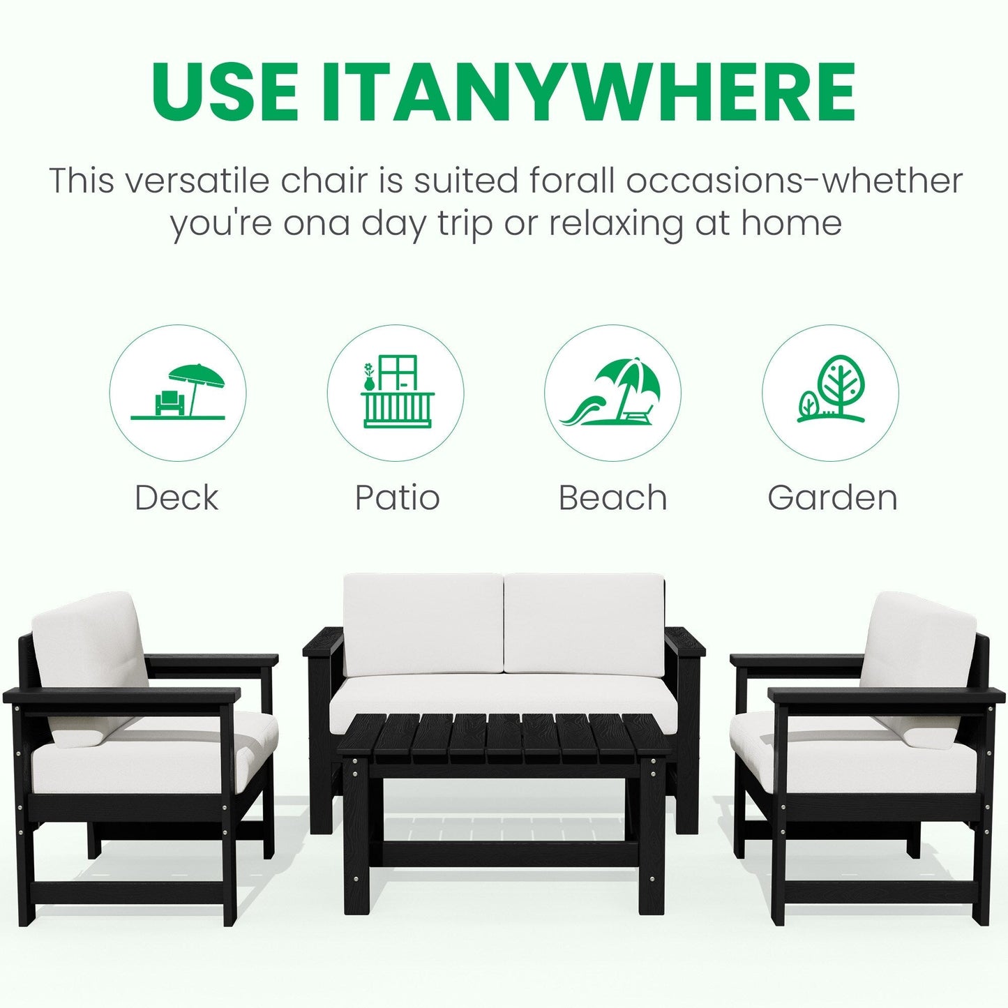 Set di divani componibili e tavolo da esterno in HDPE per patio, cuscini rimovibili inclusi, un divano a due posti, 2 divani singoli