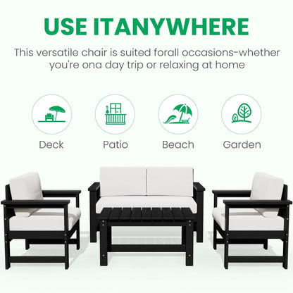 Set di divani componibili e tavolo da esterno in HDPE per patio, cuscini rimovibili inclusi, un divano a due posti, 2 divani singoli