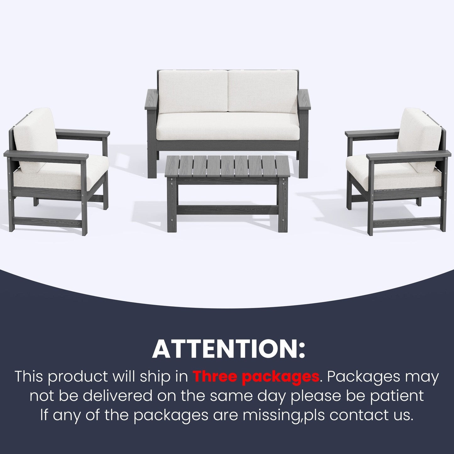 Set di divani componibili e tavolo da esterno in HDPE per patio, cuscini rimovibili inclusi, un divano a due posti, 2 divani singoli