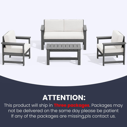 Set di divani componibili e tavolo da esterno in HDPE per patio, cuscini rimovibili inclusi, un divano a due posti, 2 divani singoli