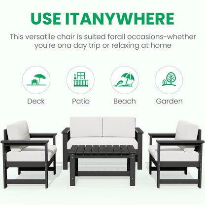 Set di divani componibili e tavolo da esterno in HDPE per patio, cuscini rimovibili inclusi, un divano a due posti, 2 divani singoli