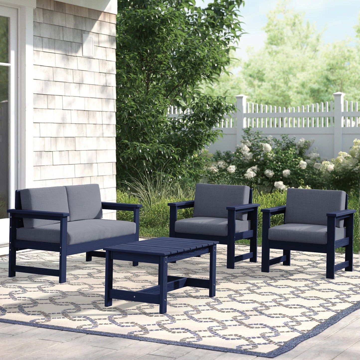 Set di divani componibili e tavolo da esterno in HDPE per patio, cuscini rimovibili inclusi, un divano a due posti, 2 divani singoli