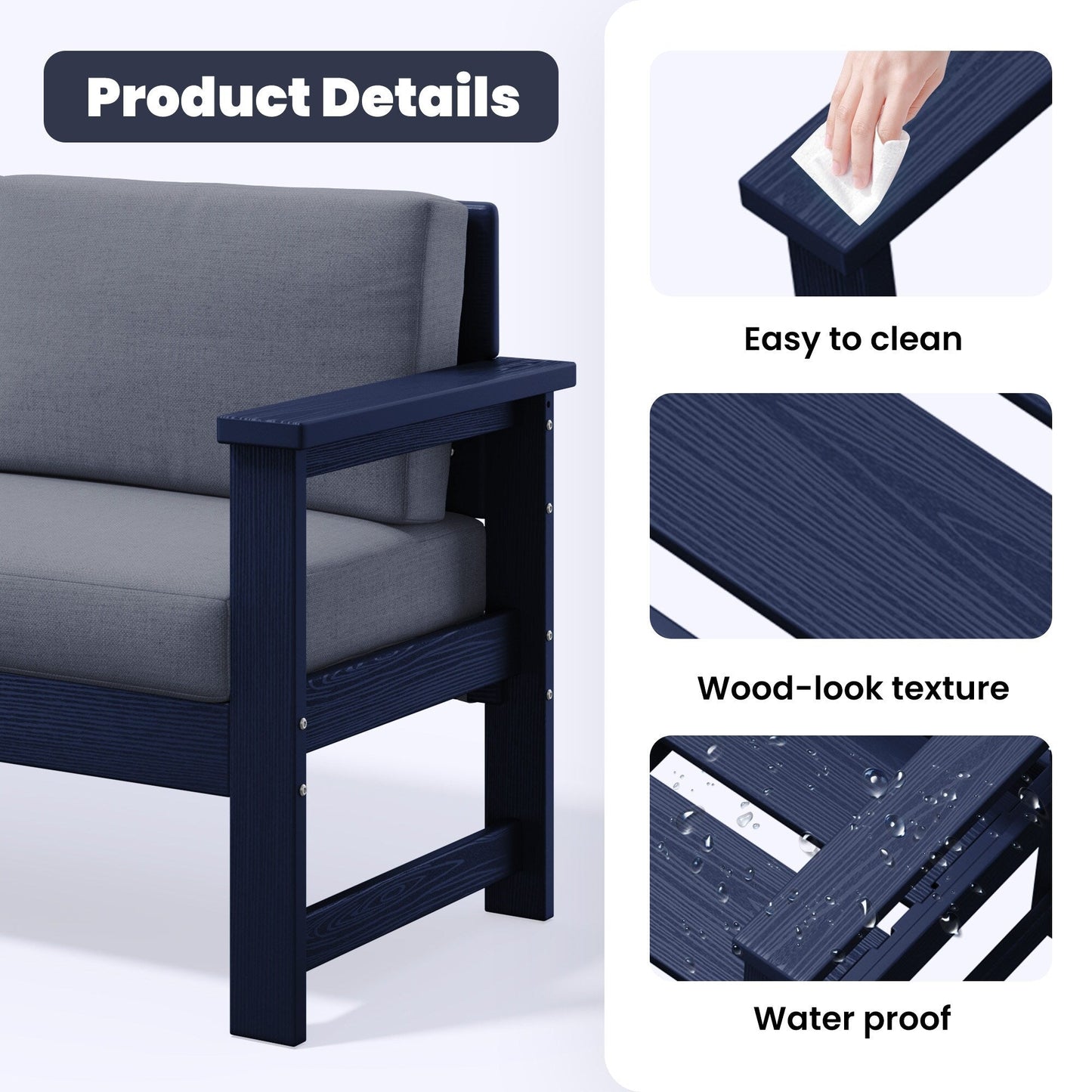 Set di divani componibili e tavolo da esterno in HDPE per patio, cuscini rimovibili inclusi, un divano a due posti, 2 divani singoli