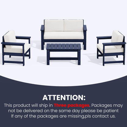 Set di divani componibili e tavolo da esterno in HDPE per patio, cuscini rimovibili inclusi, un divano a due posti, 2 divani singoli