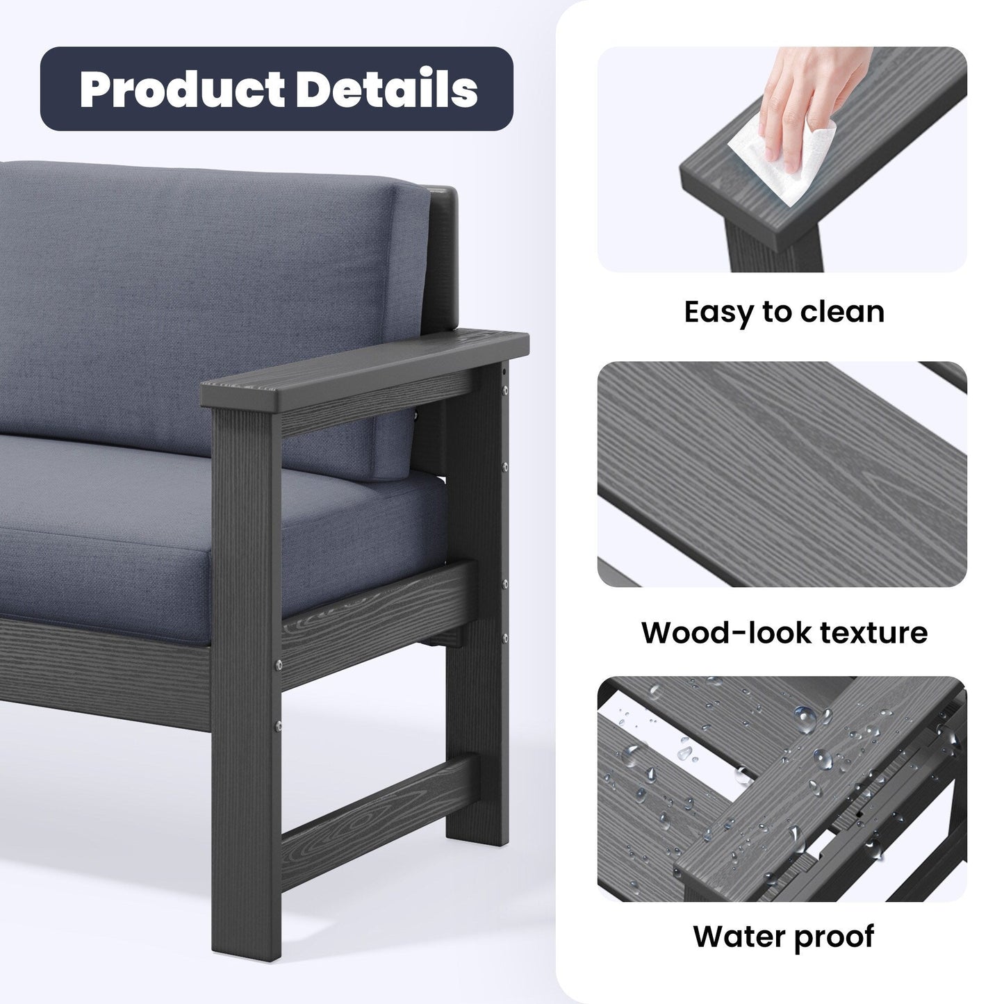 Set di divani componibili e tavolo da esterno in HDPE per patio, cuscini rimovibili inclusi, un divano a due posti, 2 divani singoli