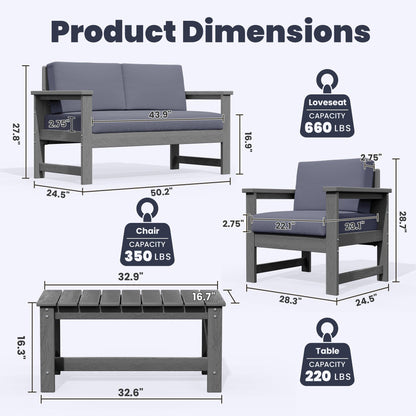 Set di divani componibili e tavolo da esterno in HDPE per patio, cuscini rimovibili inclusi, un divano a due posti, 2 divani singoli