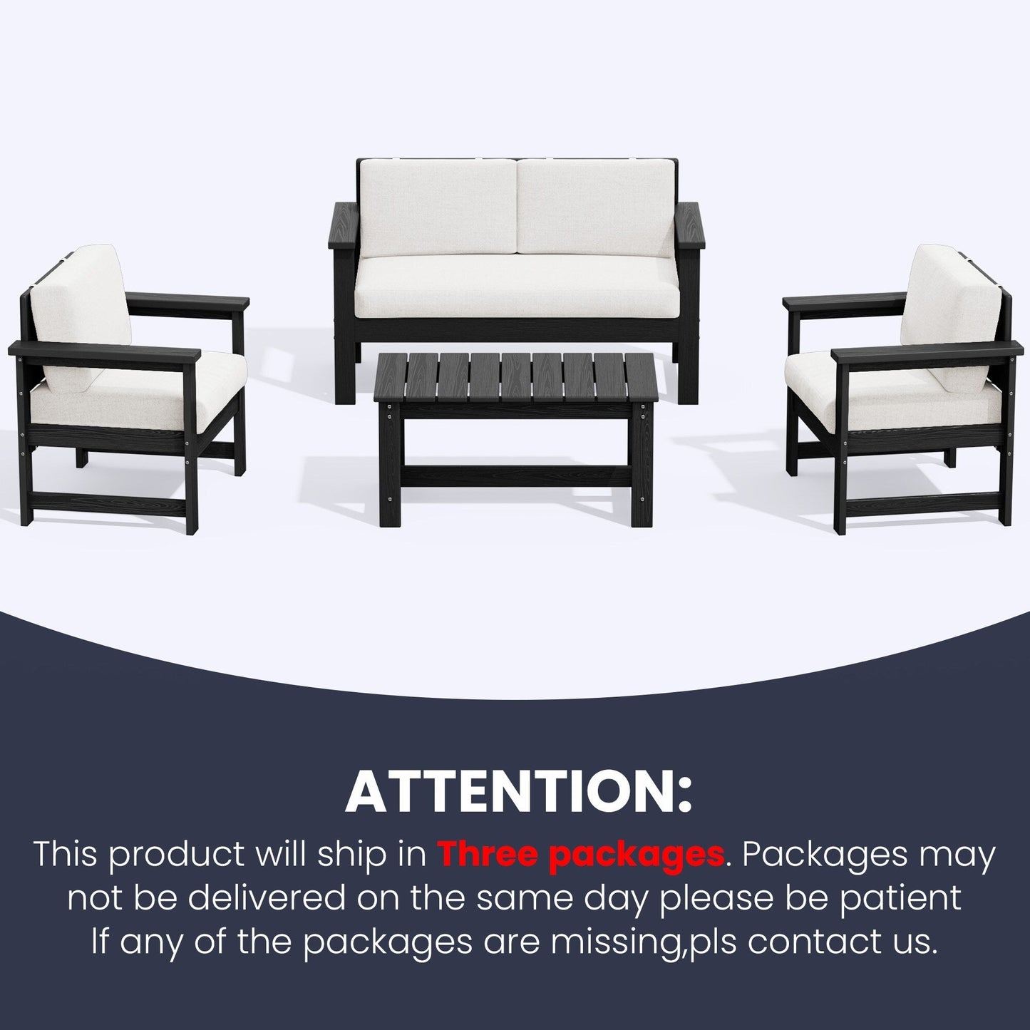 Set di divani componibili e tavolo da esterno in HDPE per patio, cuscini rimovibili inclusi, un divano a due posti, 2 divani singoli