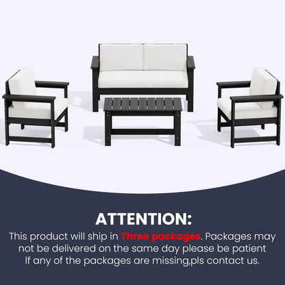 Set di divani componibili e tavolo da esterno in HDPE per patio, cuscini rimovibili inclusi, un divano a due posti, 2 divani singoli