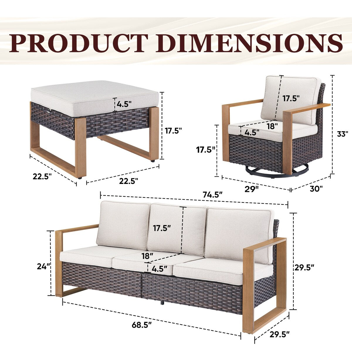 Set di divani girevoli per esterni Gymojoy, sedie e pouf - Marrone