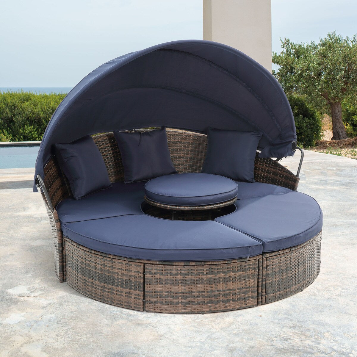 Divano letto rotondo da esterno in rattan con baldacchino e tavolino sollevabile, divano letto con seduta profonda blu navy, cuscini e cuscini lavabili