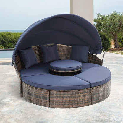 Divano letto rotondo da esterno in rattan con baldacchino e tavolino sollevabile, divano letto con seduta profonda blu navy, cuscini e cuscini lavabili
