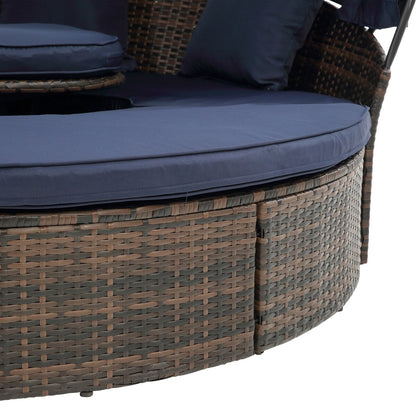 Divano letto rotondo da esterno in rattan con baldacchino e tavolino sollevabile, divano letto con seduta profonda blu navy, cuscini e cuscini lavabili