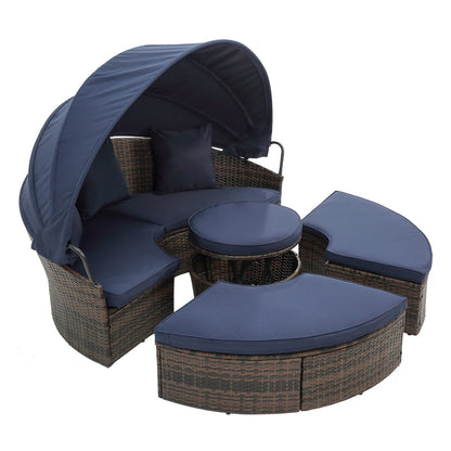 Divano letto rotondo da esterno in rattan con baldacchino e tavolino sollevabile, divano letto con seduta profonda blu navy, cuscini e cuscini lavabili