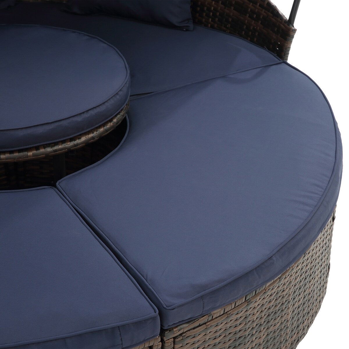 Divano letto rotondo da esterno in rattan con baldacchino e tavolino sollevabile, divano letto con seduta profonda blu navy, cuscini e cuscini lavabili