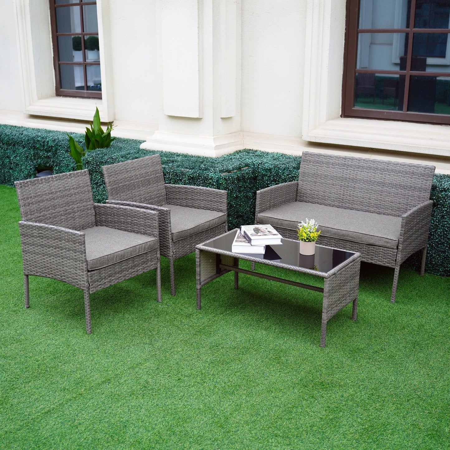 Set di 4 mobili da giardino in vimini per conversazioni, set di mobili da esterno in rattan con cuscini per giardino