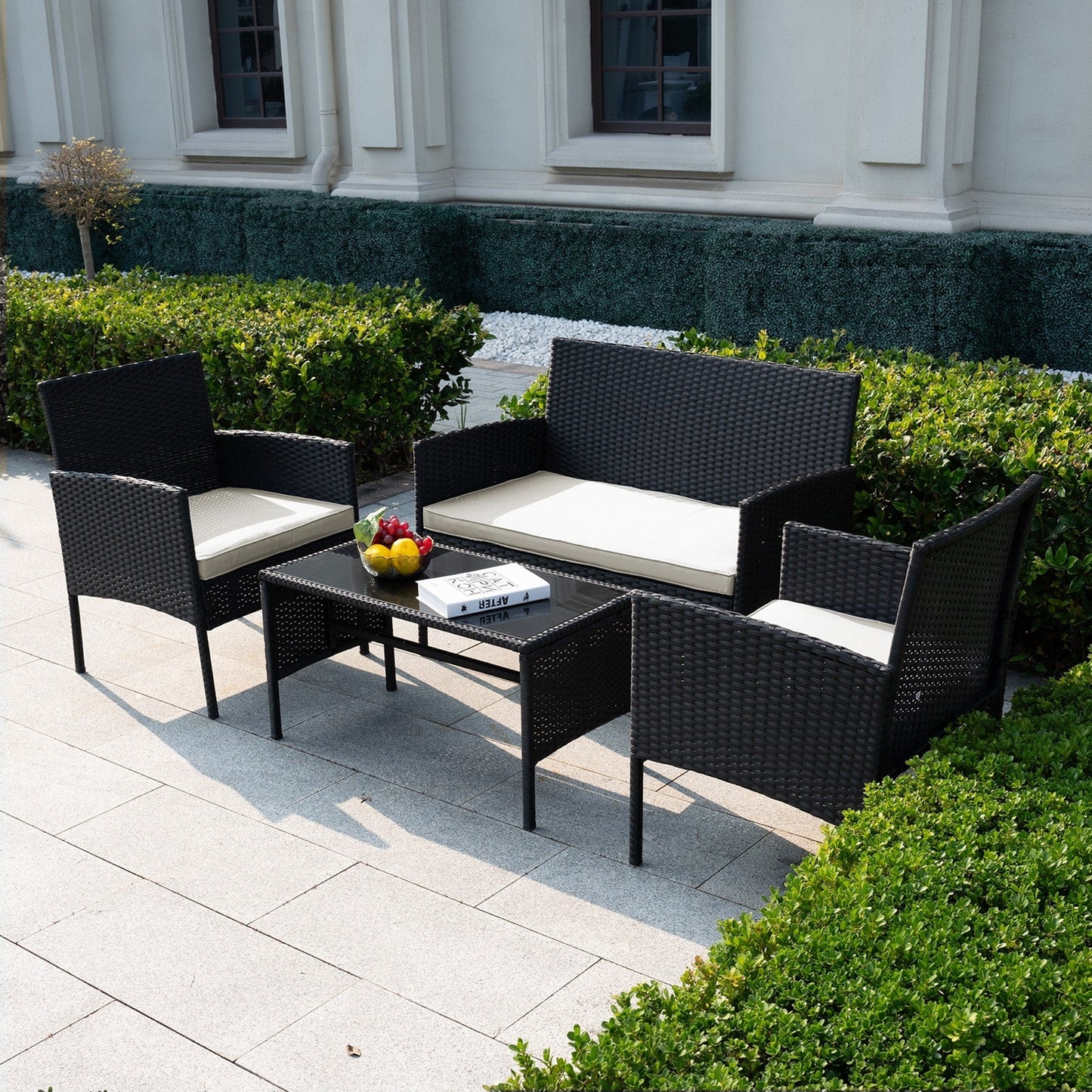 Set di 4 mobili da giardino in vimini per conversazioni, set di mobili da esterno in rattan con cuscini per giardino