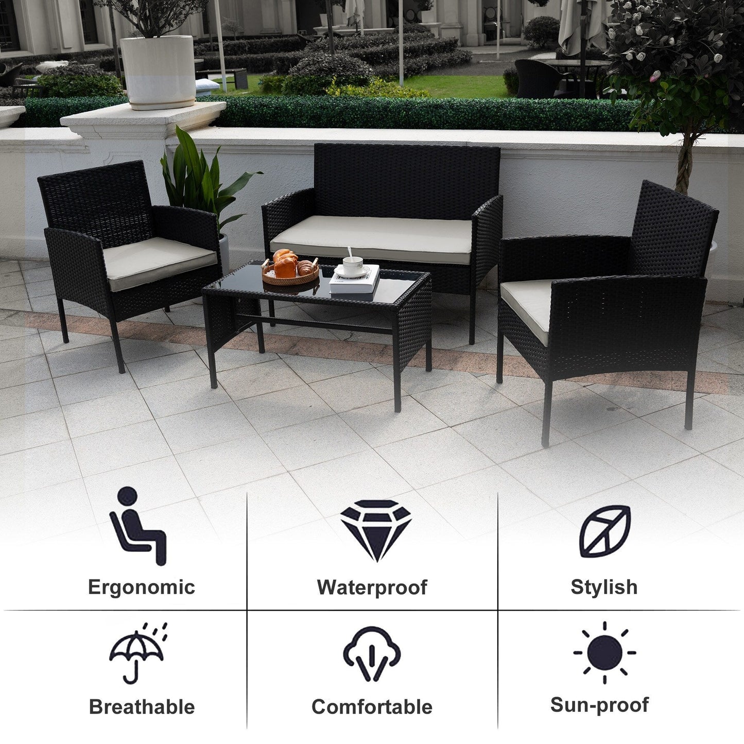 Set di 4 mobili da giardino in vimini per conversazioni, set di mobili da esterno in rattan con cuscini per giardino