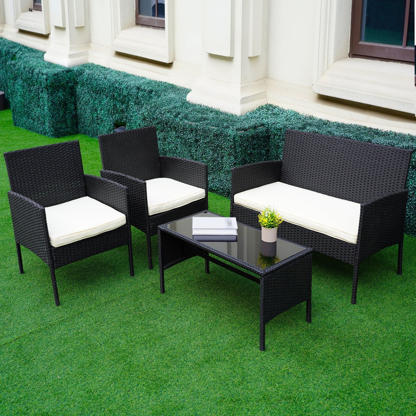 Set di 4 mobili da giardino in vimini per conversazioni, set di mobili da esterno in rattan con cuscini per giardino