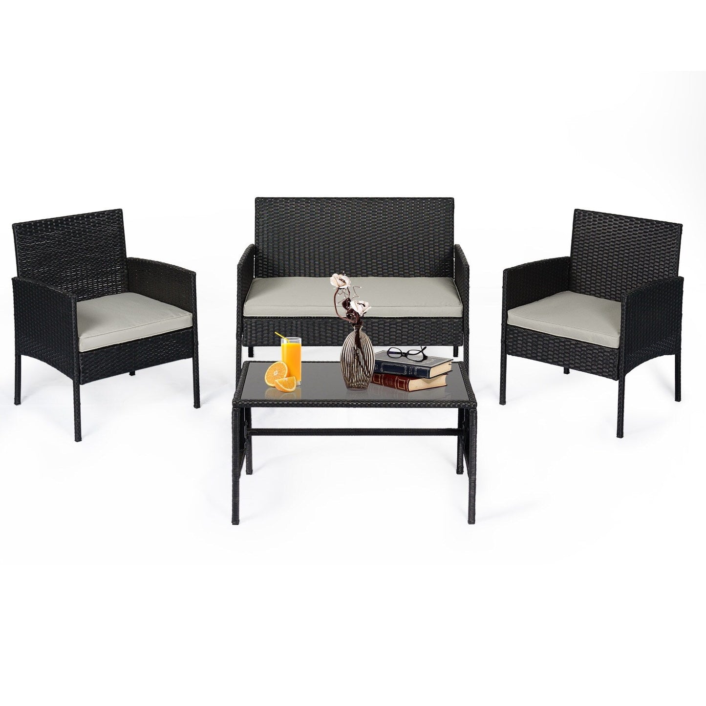 Set di 4 mobili da giardino in vimini per conversazioni, set di mobili da esterno in rattan con cuscini per giardino