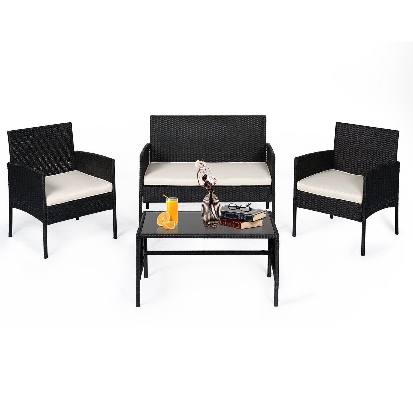 Set di 4 mobili da giardino in vimini per conversazioni, set di mobili da esterno in rattan con cuscini per giardino