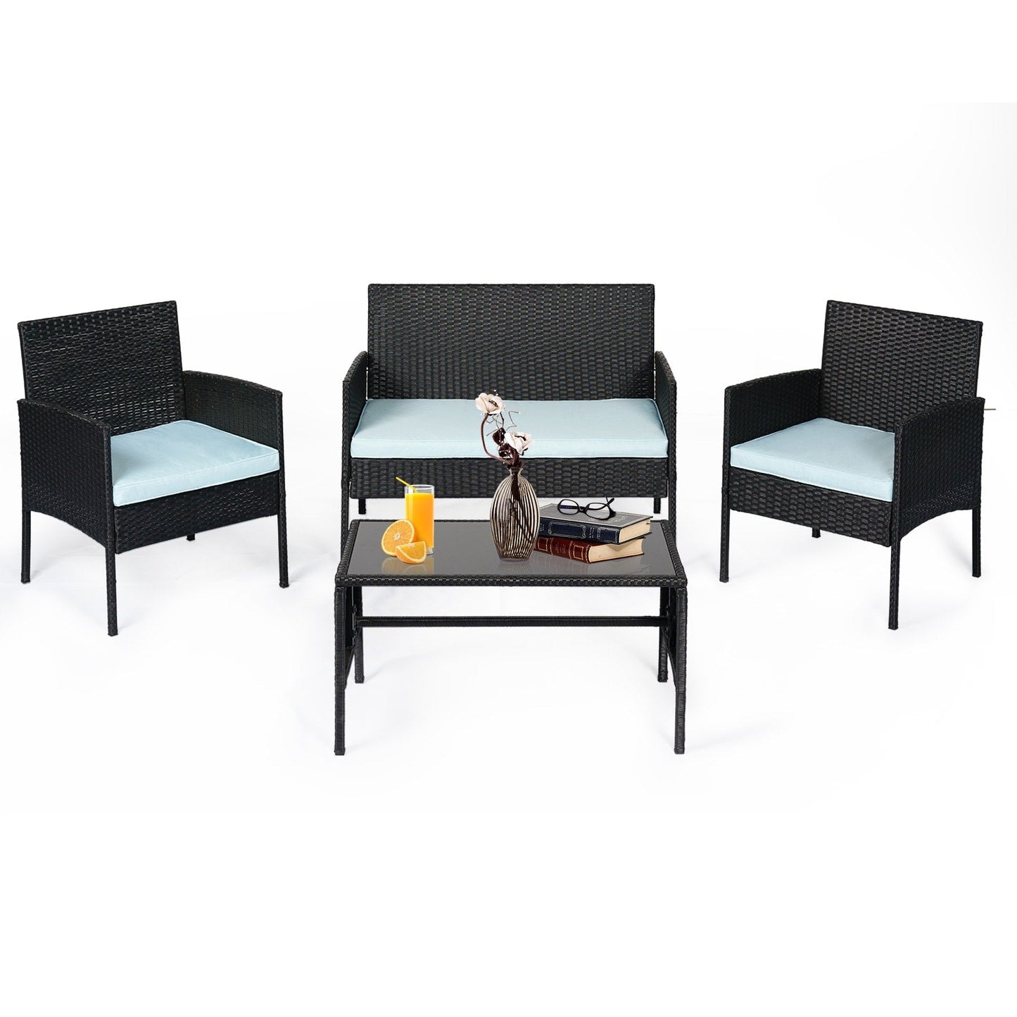 Set di 4 mobili da giardino in vimini per conversazioni, set di mobili da esterno in rattan con cuscini per giardino