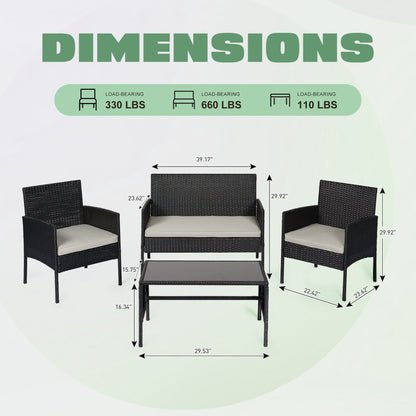Set di 4 mobili da giardino in vimini per conversazioni, set di mobili da esterno in rattan con cuscini per giardino