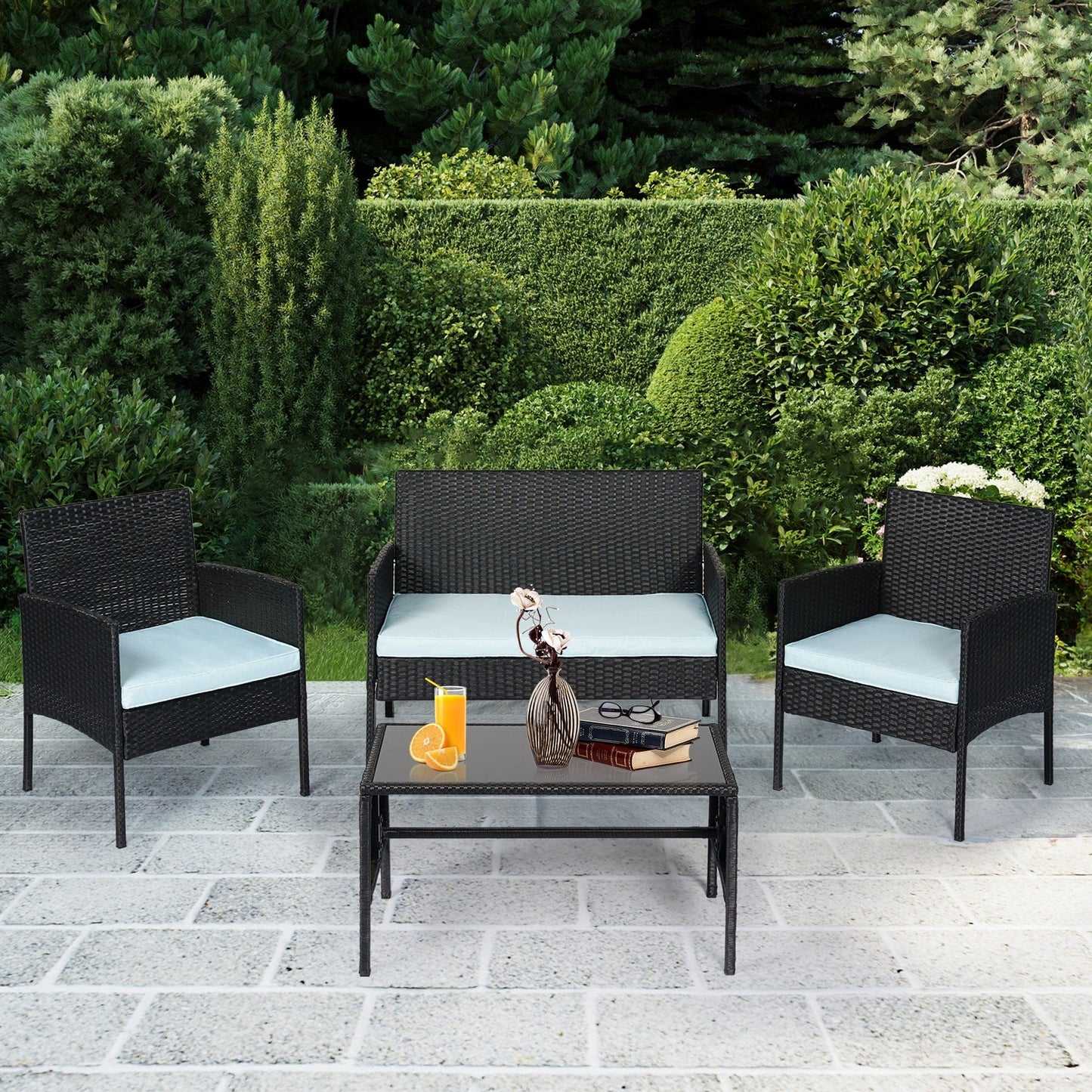 Set di 4 mobili da giardino in vimini per conversazioni, set di mobili da esterno in rattan con cuscini per giardino