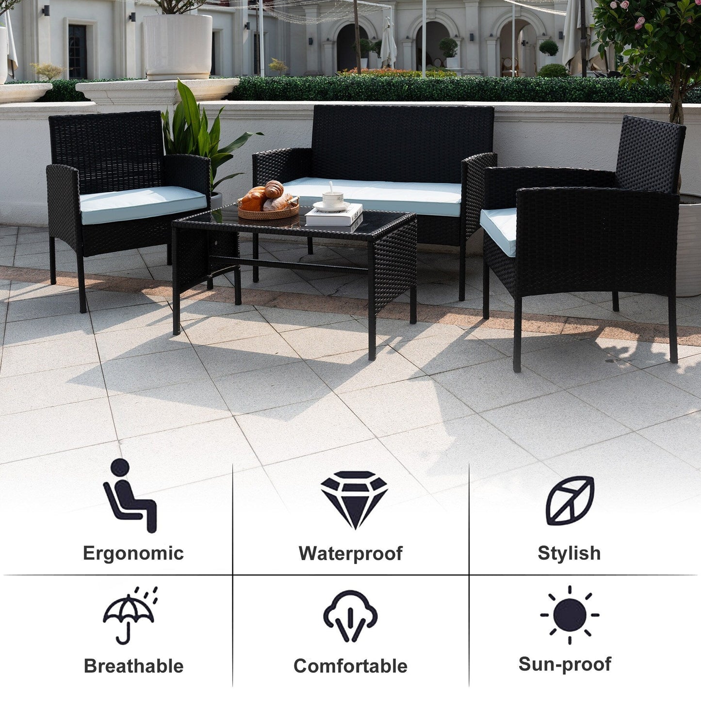 Set di 4 mobili da giardino in vimini per conversazioni, set di mobili da esterno in rattan con cuscini per giardino