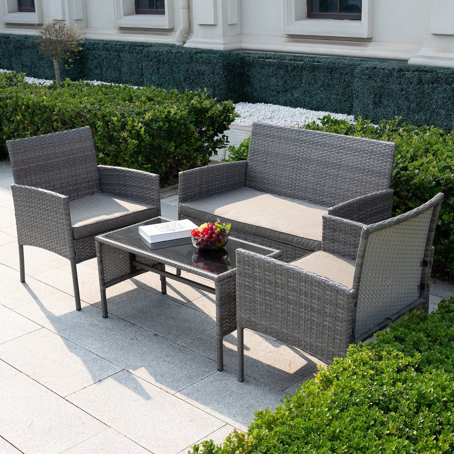 Set di 4 mobili da giardino in vimini per conversazioni, set di mobili da esterno in rattan con cuscini per giardino