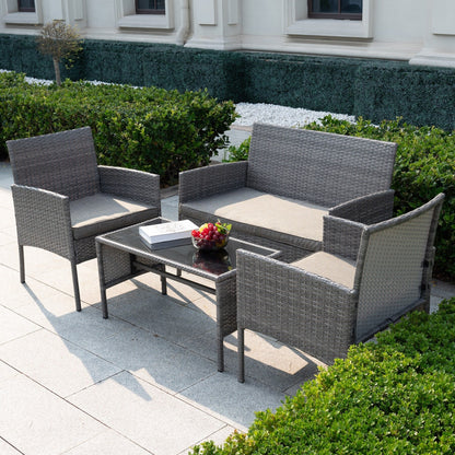 Set di 4 mobili da giardino in vimini per conversazioni, set di mobili da esterno in rattan con cuscini per giardino