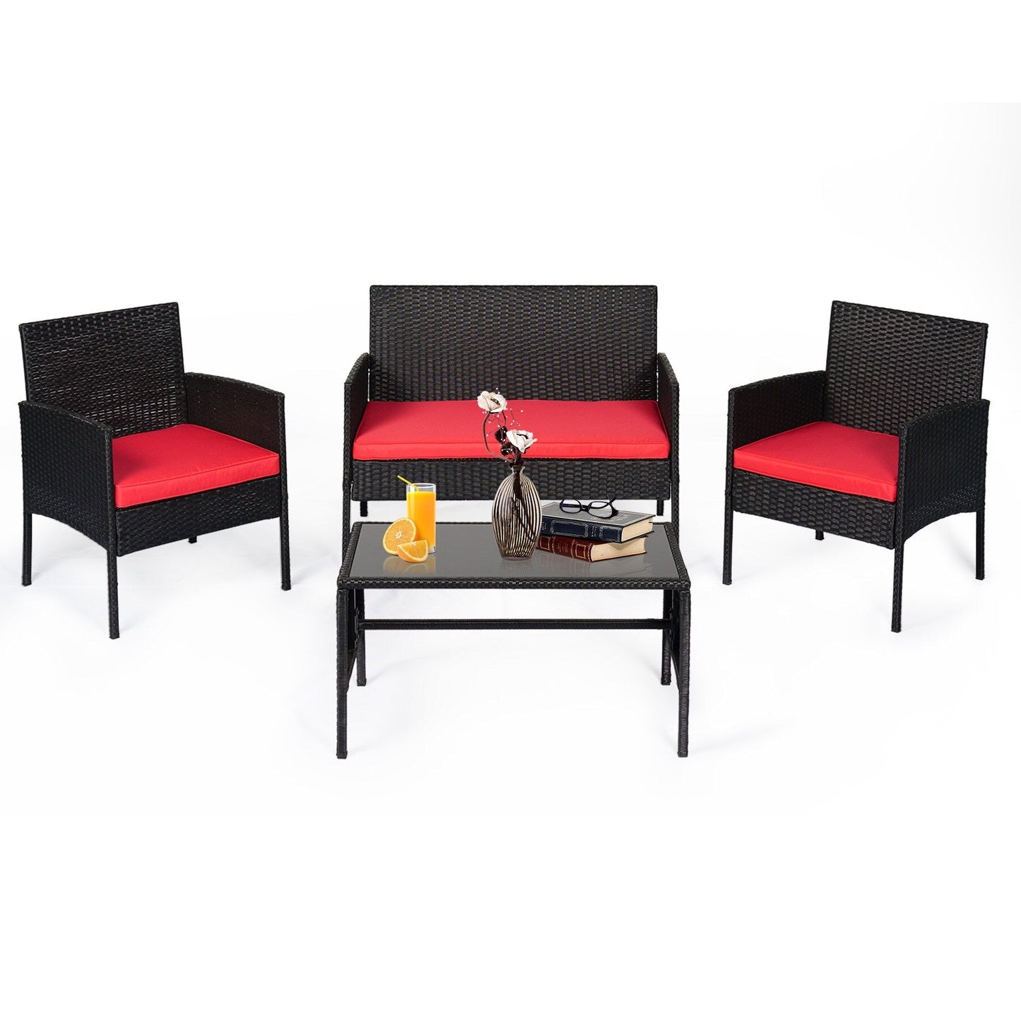 Set di 4 mobili da giardino in vimini per conversazioni, set di mobili da esterno in rattan con cuscini per giardino