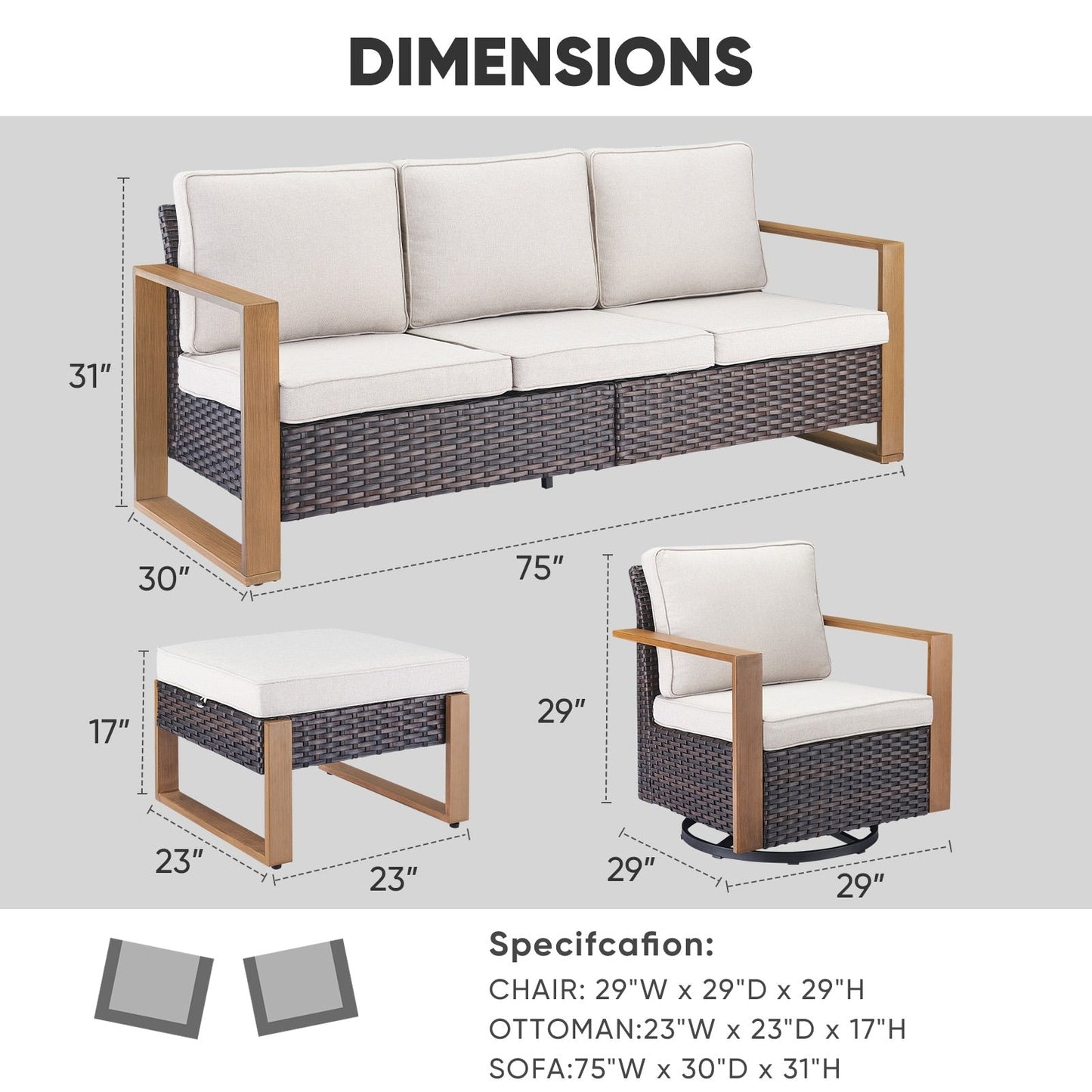 Divano componibile da esterno con sedie a dondolo girevoli - Marrone