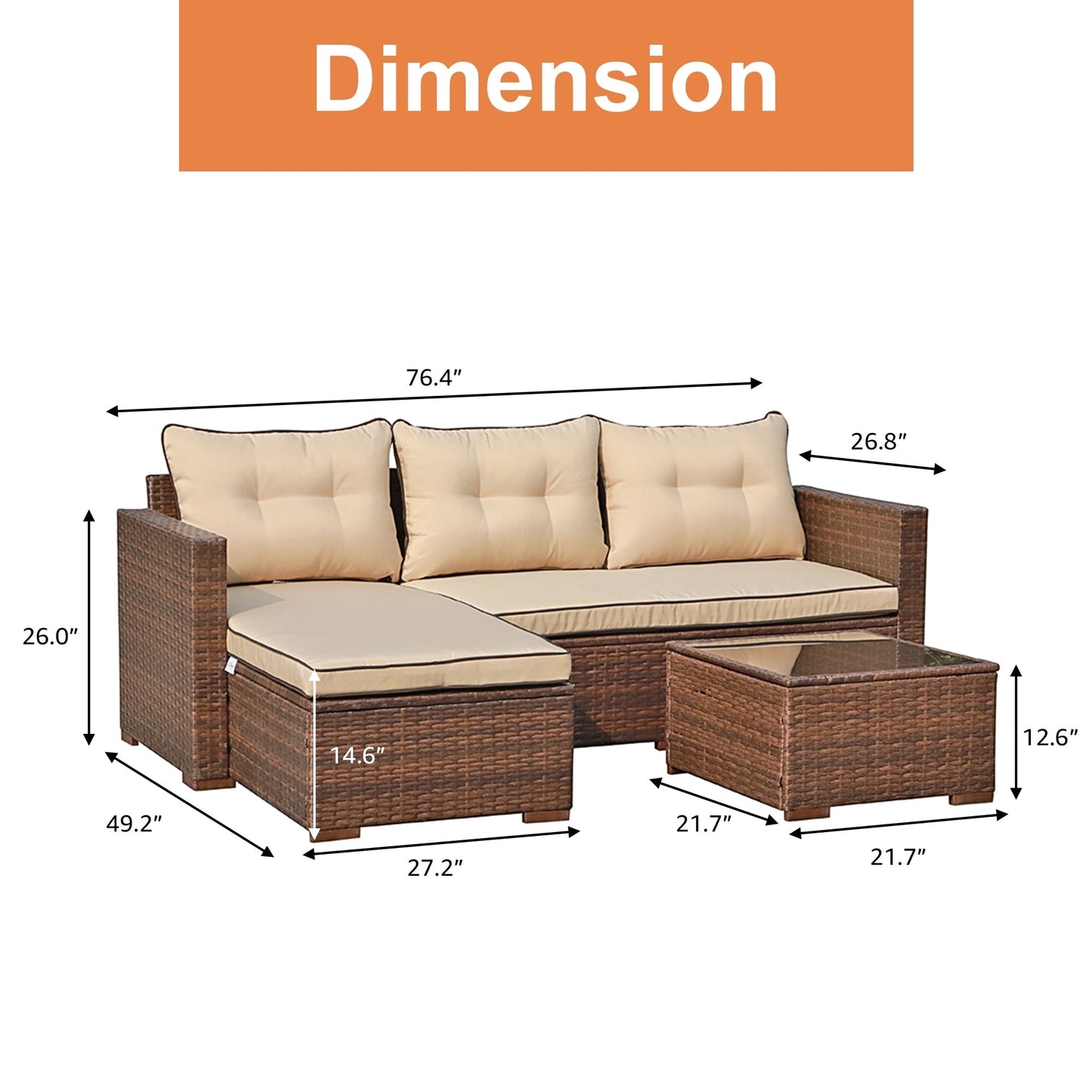Set di divani componibili in vimini imbottito per esterni, 3 pezzi