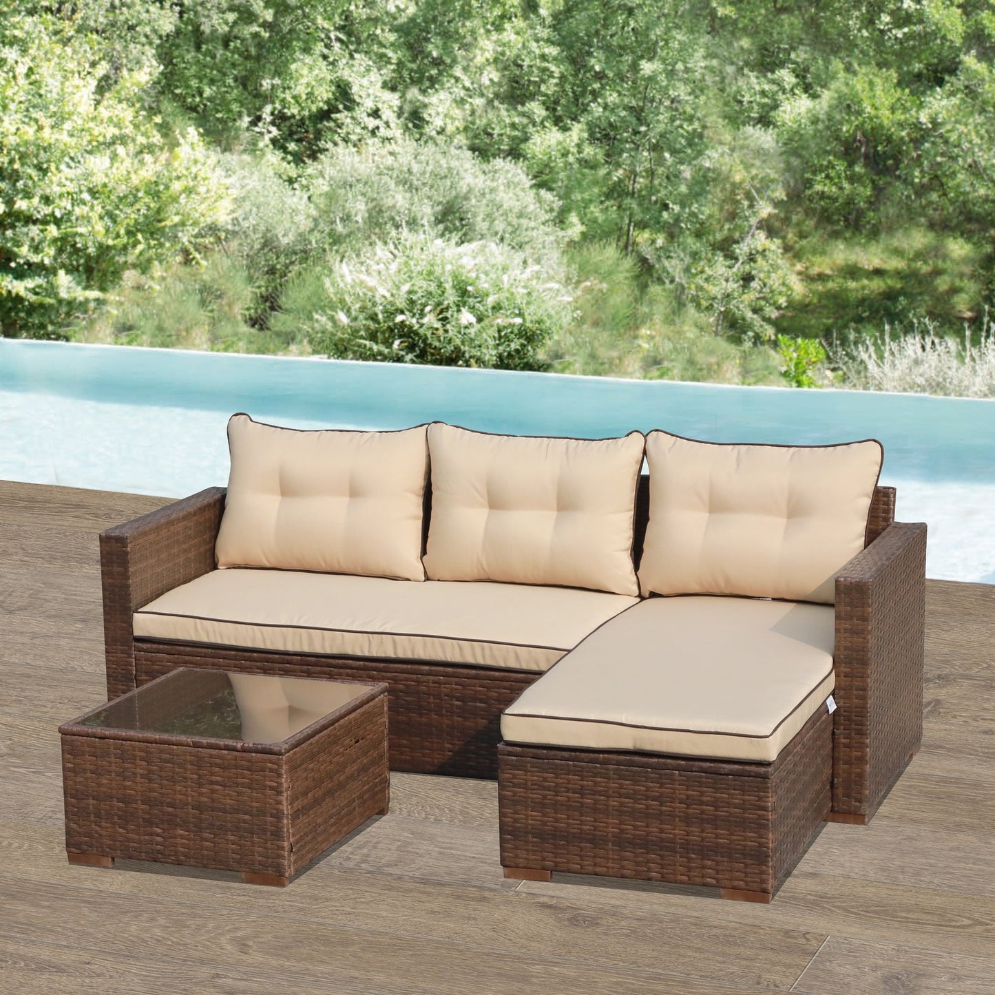 Set di divani componibili in vimini imbottito per esterni, 3 pezzi