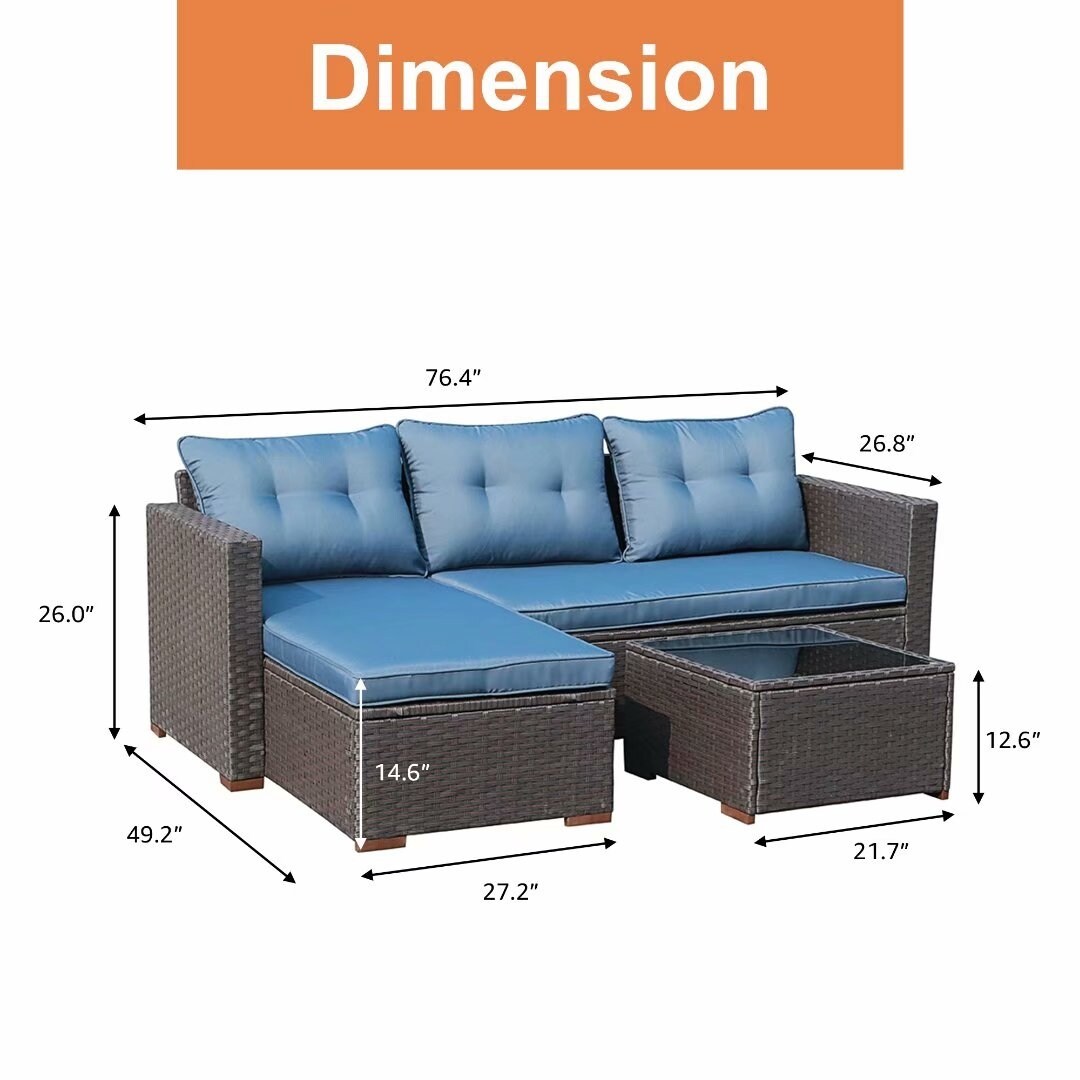 Set di divani componibili in vimini imbottito per esterni, 3 pezzi