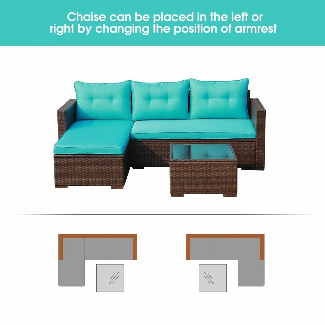 Set di divani componibili in vimini imbottito per esterni, 3 pezzi