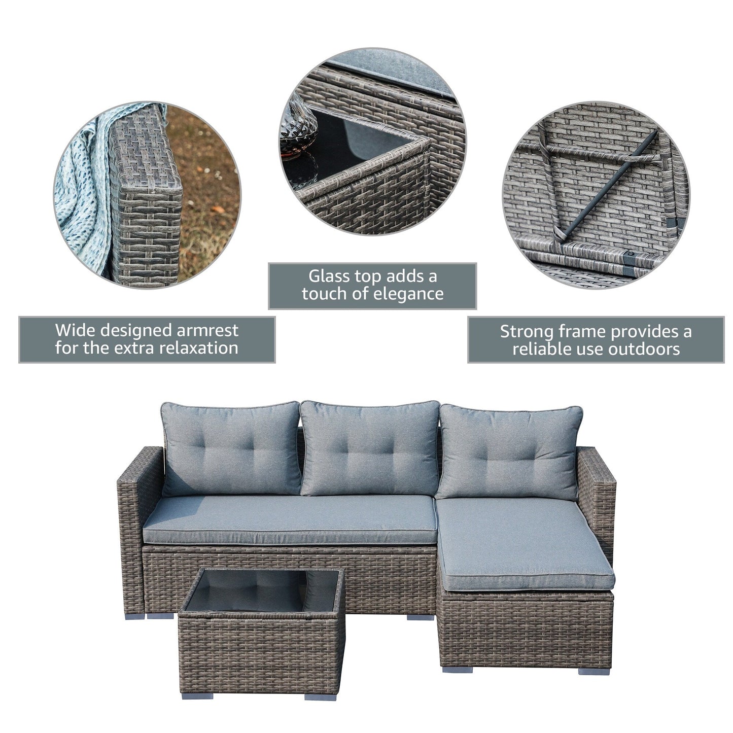 Set di divani componibili in vimini imbottito per esterni, 3 pezzi