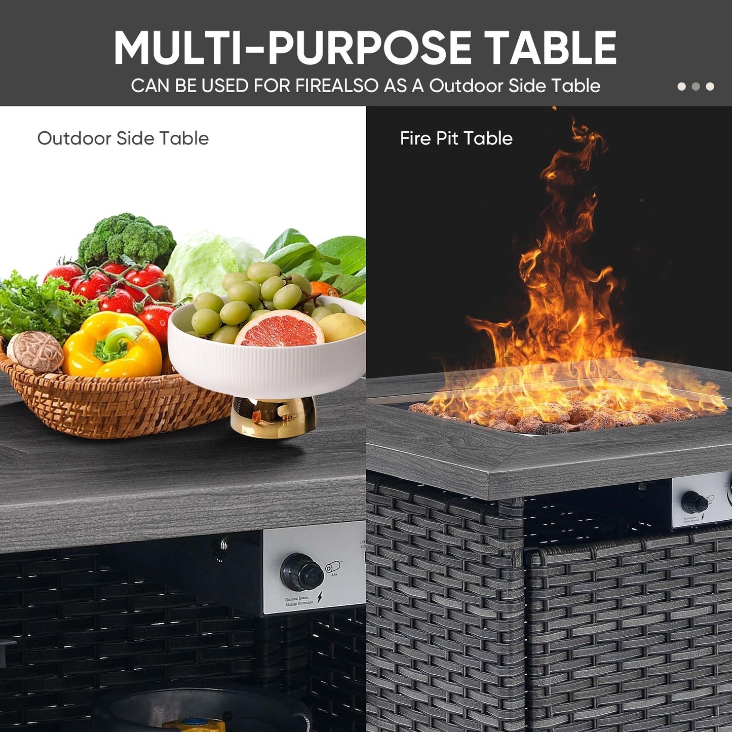 Divano componibile in vimini per esterni con tavolo con braciere