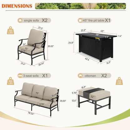 MAISON ARTS Set di divani da esterno da 4/6 pezzi, set da conversazione per patio con tavolo da fuoco a gas da 45''