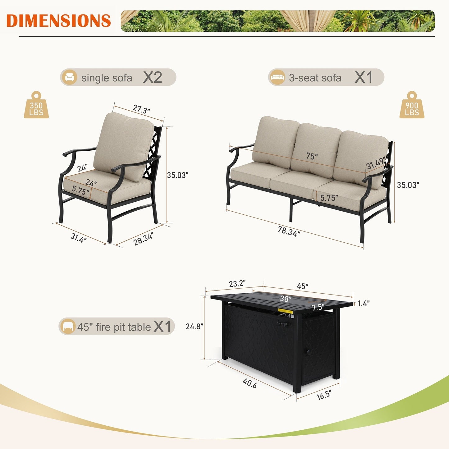 MAISON ARTS Set di divani da esterno da 4/6 pezzi, set da conversazione per patio con tavolo da fuoco a gas da 45''