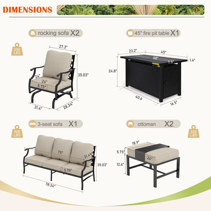 MAISON ARTS Set di divani da esterno da 4/6 pezzi, set da conversazione per patio con tavolo da fuoco a gas da 45''