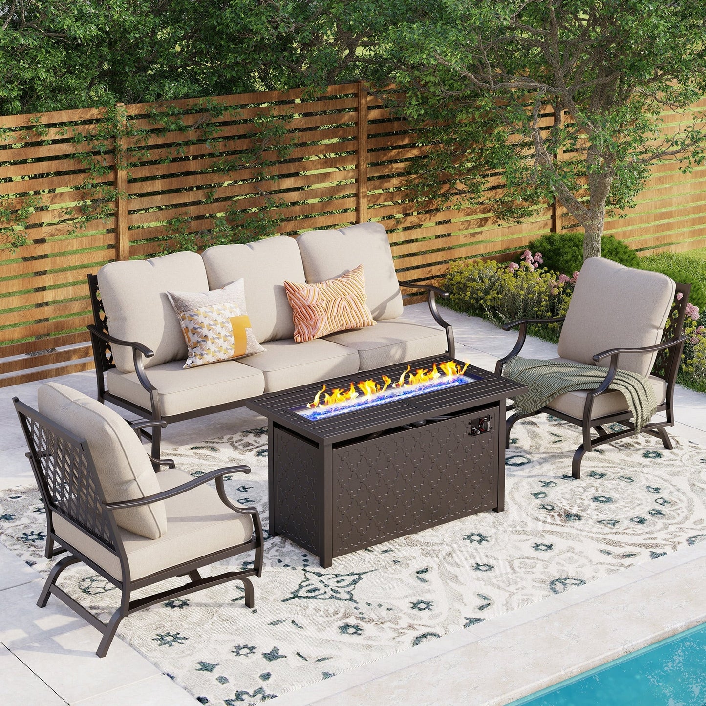 MAISON ARTS Set di divani da esterno da 4/6 pezzi, set da conversazione per patio con tavolo da fuoco a gas da 45''