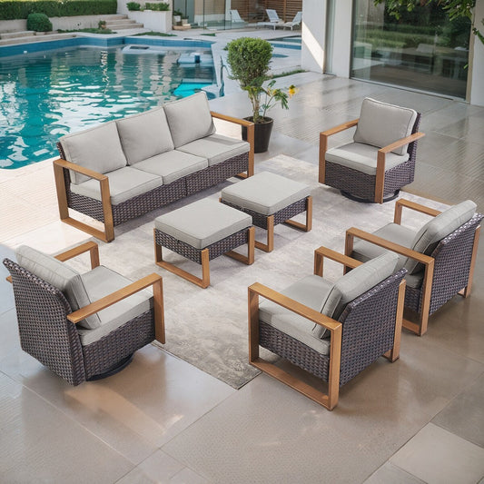 Sedia girevole da esterno Gymojoy con divano, poltrona e pouf - Marrone