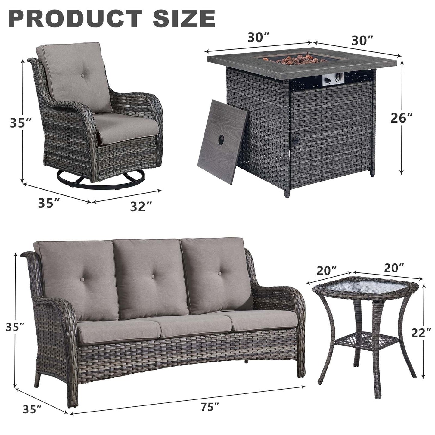 Divano da esterno in vimini a 3 posti Gymojoy con tavolo girevole per braciere