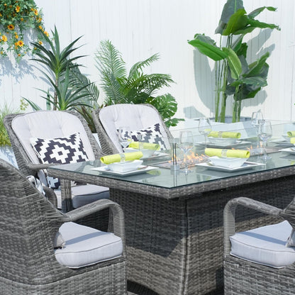 Set da tavolo rettangolare in vimini per esterno con braciere a gas e 6 sedie di Moda Furnishings (inclusa copertura antipioggia)