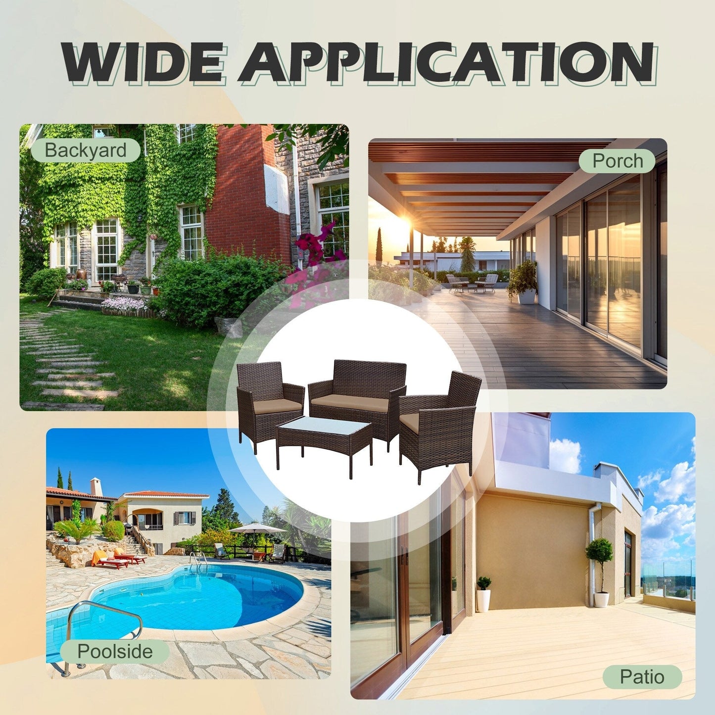 Set di mobili da esterno da 4 pezzi con cuscini, set da conversazione in vimini e tavolino da caffè in vetro